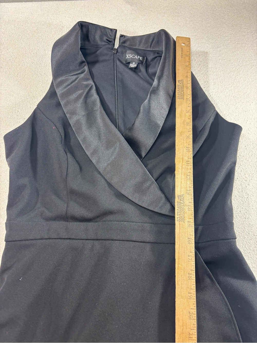 XSCAPE Black Cocktail Dress Size 8 Satin Shawl Collar Ruffle Hem Midi Formal - Picture 4 of 7